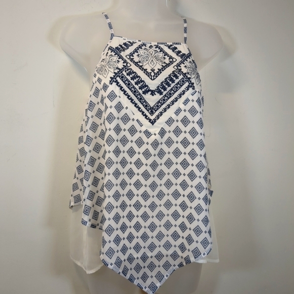 about girl Tops - About Girl Blue and White Embroidered Tank Top , Size S